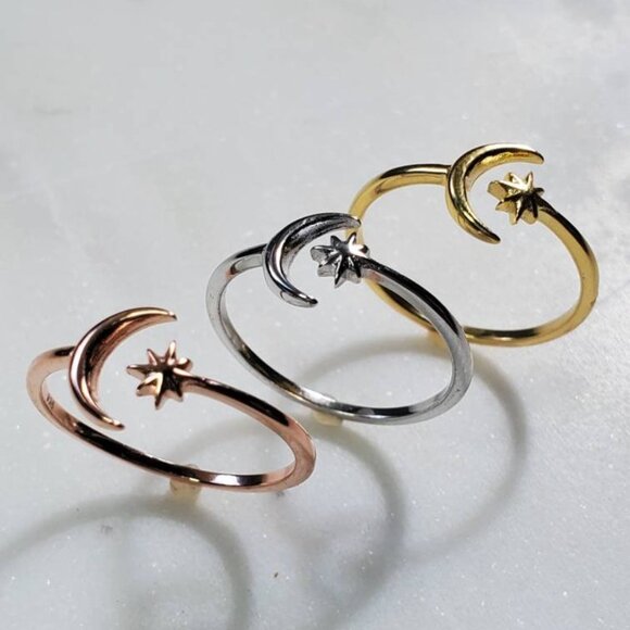 Moon Star Ring, Thin Crescent Moon Ring, Sterling Silver Women Ring, Boho Chic, - Picture 9 of 10